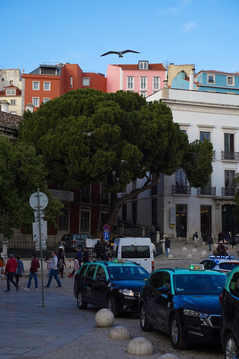 Busy city street scene with taxis, colorful buildings, and pedestrians in a European town.