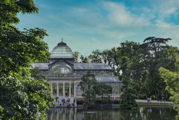 Beautiful shot of the Palacio de Cristal surrounded by lush trees and a serene lake in Madrid.