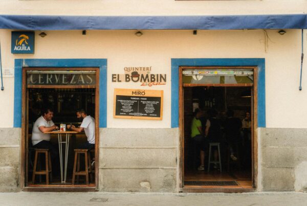 Quintería El Bombin restaurant facade in Madrid captures urban lifestyle.